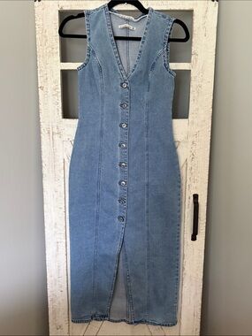 Abercrombie & Fitch Sleeveless Light Blue Denim Button-Front Midi Dress